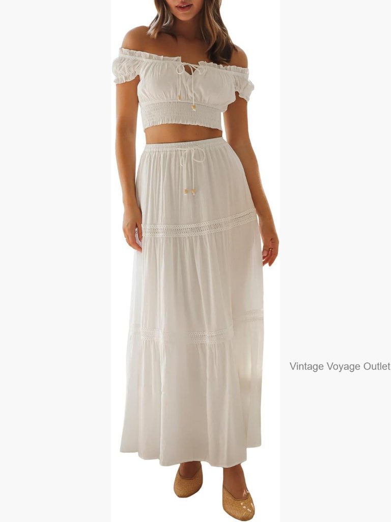 Women's Two Piece Maxi Skirt Set Off Shoulder Crop Top High Waist Beachwear